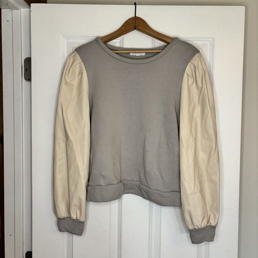 THML Anthropologie Gray Sweatshirt With Tan Leather-Like Sleeves Size Medium